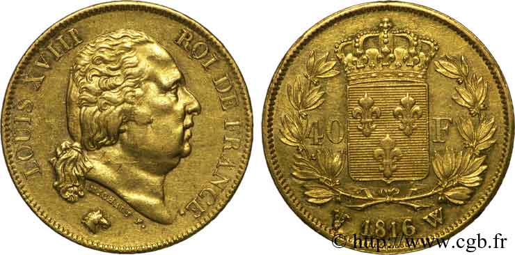 40 francs or Louis XVIII 1816 Lille F.542/5 AU 