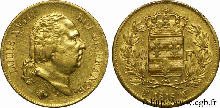 40 francs or Louis XVIII 1818 Lille F.542/8 XF 