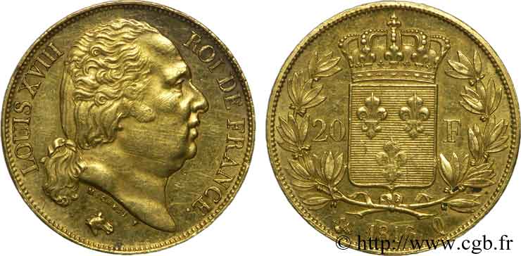 20 francs or Louis XVIII, tête nue 1816 Perpignan F.519/3 XF 
