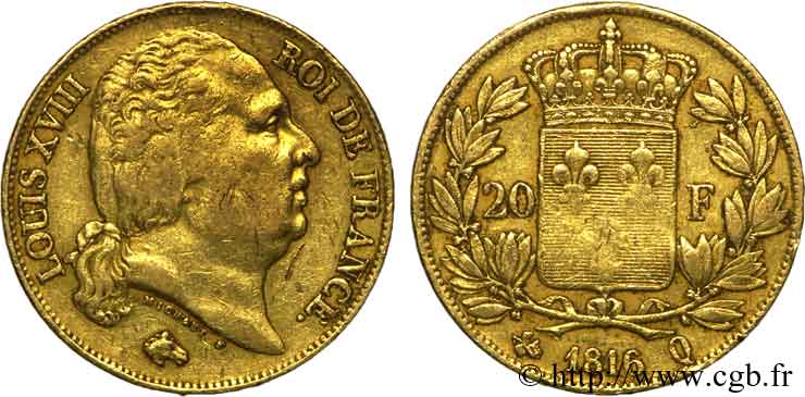 20 francs or Louis XVIII, tête nue 1816 Perpignan F.519/3 TB 