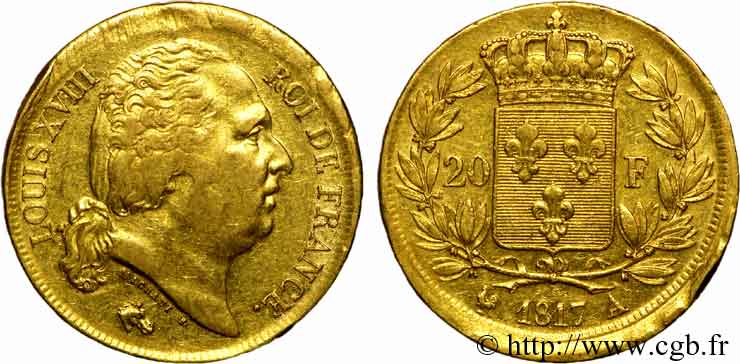 20 francs or Louis XVIII, tête nue, frappe décalée 1817 Paris F.519/5 TTB 