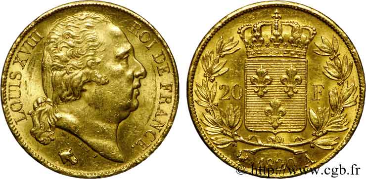 20 francs or Louis XVIII, tête nue 1820 Paris F.519/19 EBC 