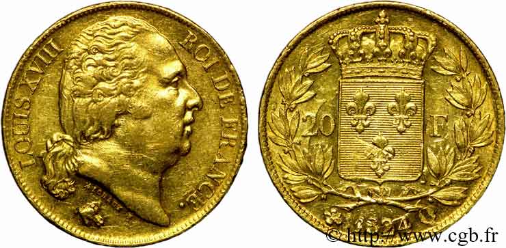 20 francs or Louis XVIII, tête nue 1824 Perpignan F.519/33 TTB 