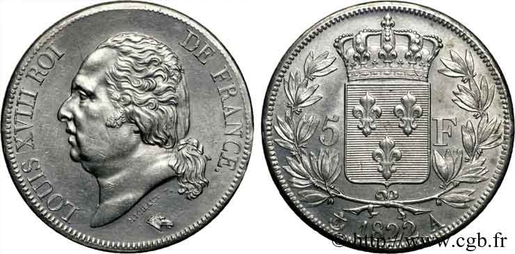 5 francs Louis XVIII tête nue 1822  Paris F.309/68 SUP 