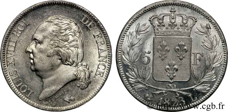 5 francs Louis XVIII, tête nue 1823 Bayonne F.309/83 SUP 