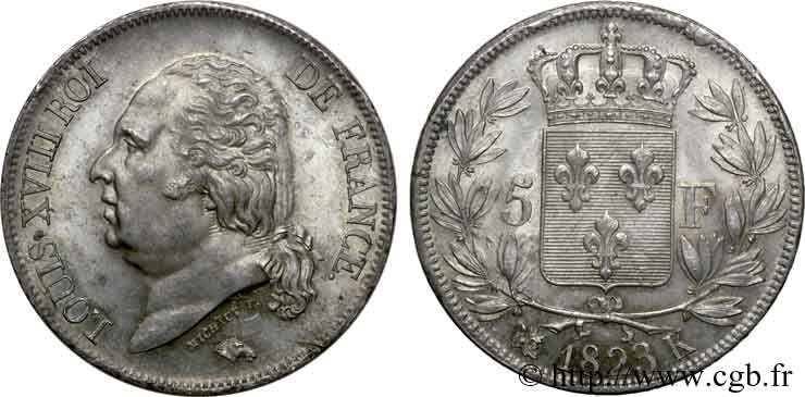5 francs Louis XVIII tête nue 1823 Bordeaux F.309/82 EBC 