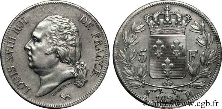 5 francs Louis XVIII tête nue 1824 La Rochelle F.309/91 TTB 