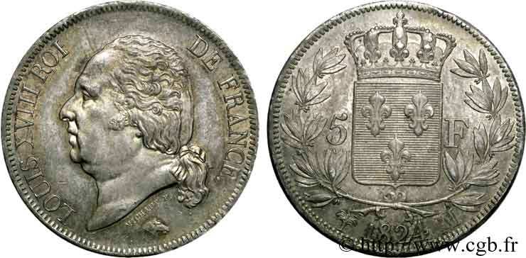 5 francs Louis XVIII tête nue 1824 Marseille F.309/96 SPL 