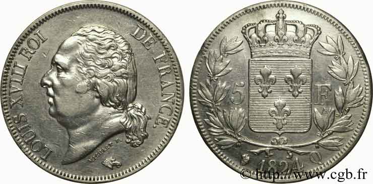 5 francs Louis XVIII tête nue 1824 Perpignan F.309/97 TTB 