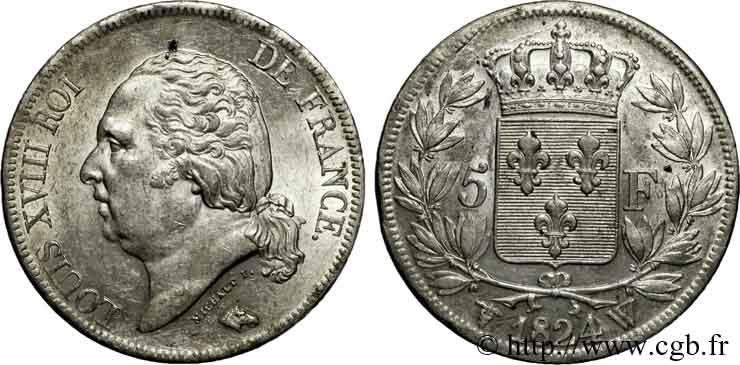 5 francs Louis XVIII tête nue 1824 Lille F.309/98 SS 