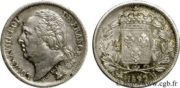 1/2 franc Louis XVIII 1822 Rouen F.179/31 MBC 