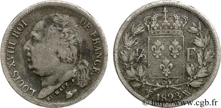 1/2 franc Louis XVIII 1823 Lille F.179/42 TB 