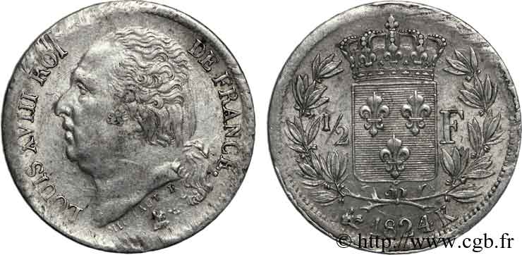 1/2 franc Louis XVIII 1824 Bordeaux F.179/48 XF 