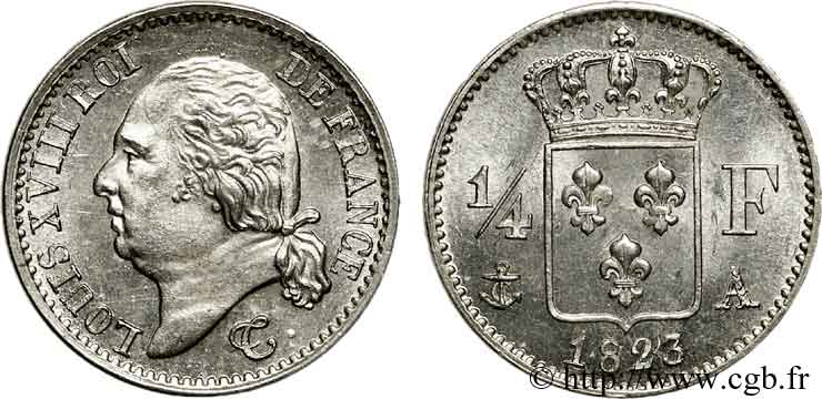 1/4 franc Louis XVIII  1823 Paris F.163/24 AU 