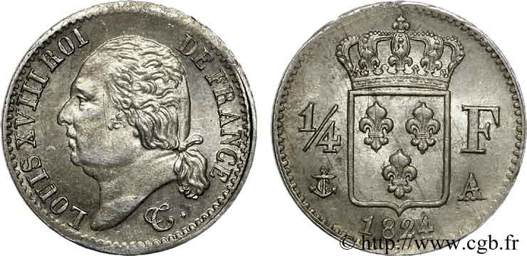 1/4 franc Louis XVIII 1824 Paris F.163/31 VZ 