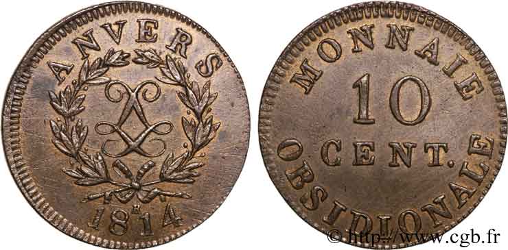 10 cent. Anvers au double L, frappe de l’atelier de Wolschot 1814  Anvers F.130C/2 SUP 