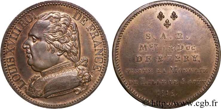 Monnaie de visite, module de 5 Francs, pour Charles-Ferdinand de Berry à la Monnaie de Lille 1814 Lille VG.2372  fST 