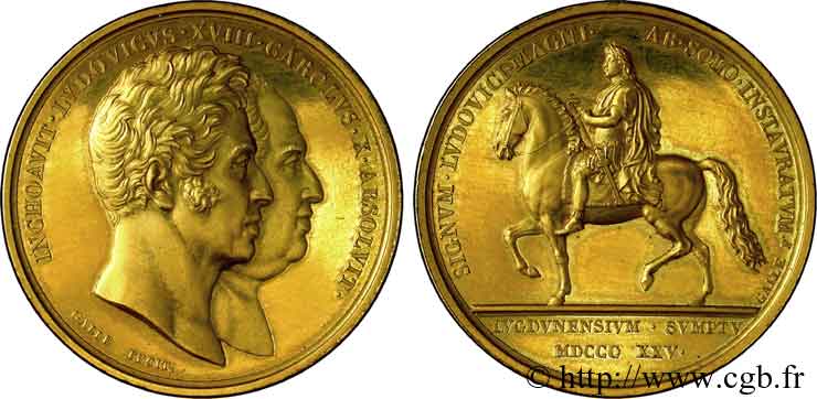 CHARLES X Ensemble de trois médailles en argent doré, argent et bronze, rétablissement de la statue équestre de Louis XIV à Lyon SUP