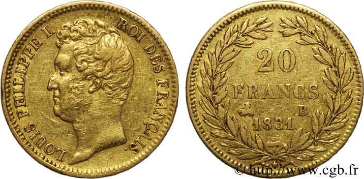 20 francs or Louis-Philippe, Tiolier, tranche inscrite en creux 1831 Rouen F.524/3 SS 