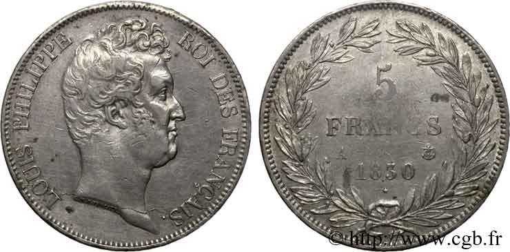 5 francs type Tiolier sans le I, tranche en creux 1830  Paris F.313/1 TB 