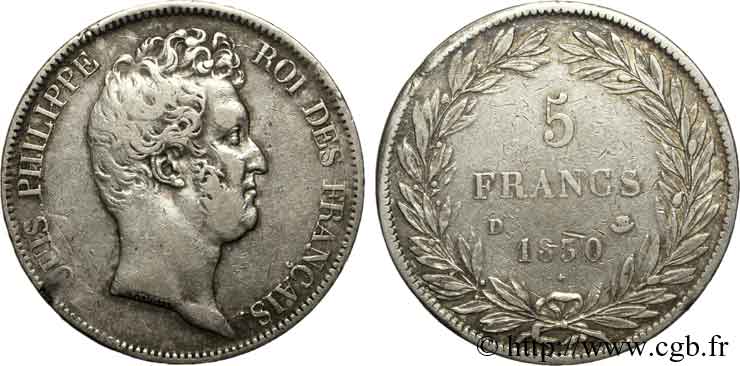 5 francs type Tiolier sans le I, tranche en creux 1830  Lyon F.313/3 SS 