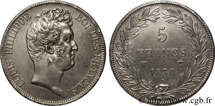 5 francs type Tiolier sans le I, tranche en creux 1830  Lille F.313/4 VZ 