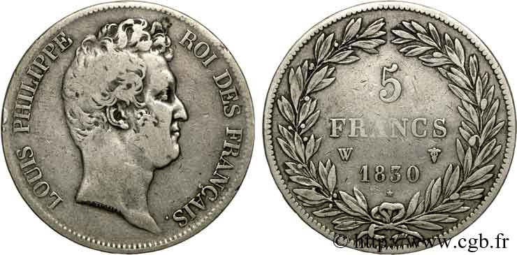 5 francs type Tiolier sans le I, tranche en creux 1830  Lille F.313/4 TB 