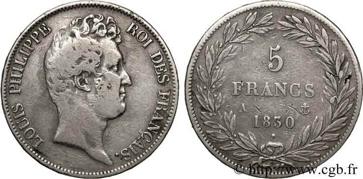5 francs type Tiolier sans le I, tranche en relief 1830  Paris F.314/1 S 