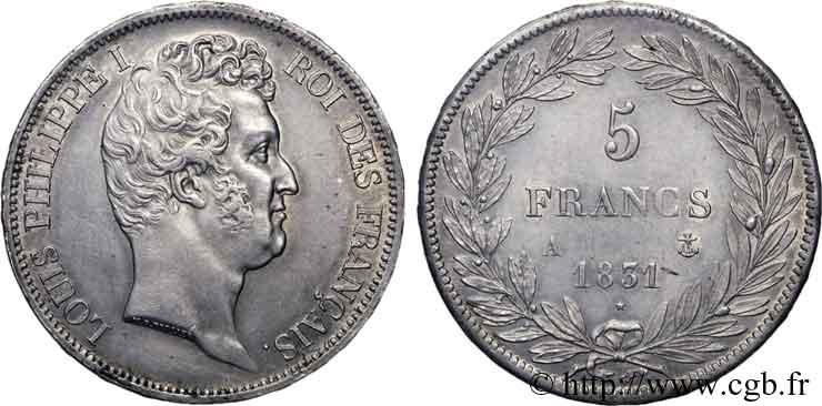 5 francs type Tiolier avec le I, tranche en relief 1831 Paris F.316/2 SPL 