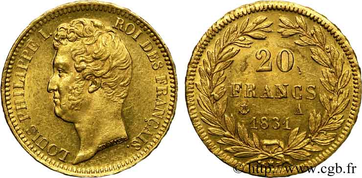 20 francs or Louis-Philippe, Tiolier, tranche inscrite en relief 1831 Paris F.525/2 MBC 