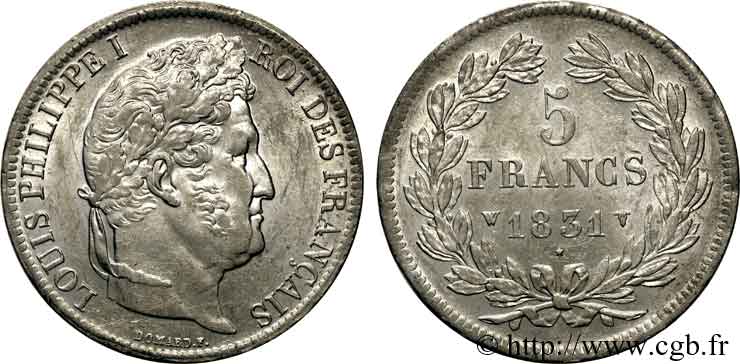 5 francs, Ier type Domard, tranche en relief 1831 Lille F.320/13 SUP 