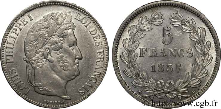 5 francs, IIe type Domard 1837 Rouen F.324/62 XF 