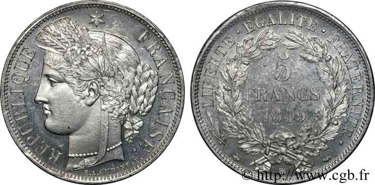 5 francs Cérès Deuxième république 1849 Strasbourg F.327/3 SUP 