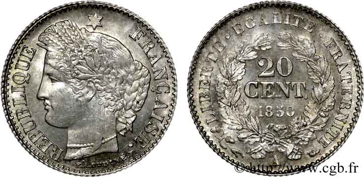 20 centimes Cérès Deuxième république, oreille haute 1850 Paris F.146/2 ST 