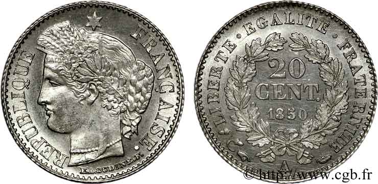 20 centimes Cérès Deuxième république, oreille basse 1850 Paris F.146/3 FDC 