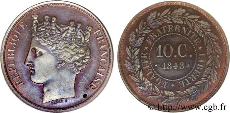 Concours de 10 centimes, bronze, essai de Barre 1848 Paris VG.3131  VZ 