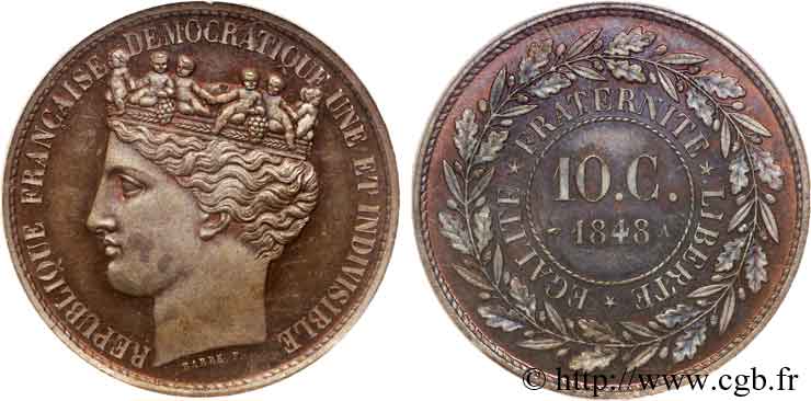 Concours de 10 centimes, bronze, essai de Barre 1848 Paris VG.3132  SPL 