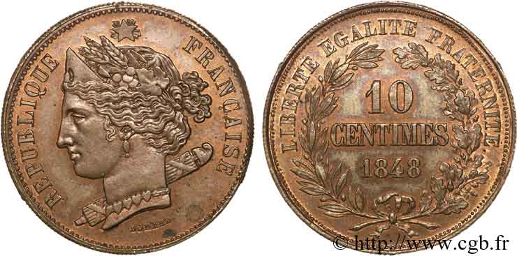 Concours de 10 centimes Br, piéfort de Domard 1848 Paris VG.3138 var. SPL 
