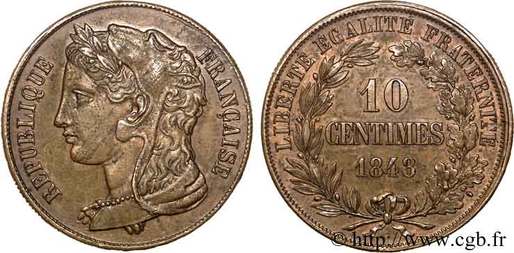 Concours de 10 centimes Br, piéfort de Gayrard, deuxième concours 1848 Paris VG.3163 var. XF 