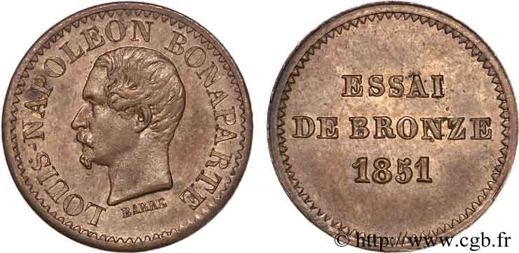Essai de bronze au module de un centime, Louis-Napoléon Bonaparte 1851 Paris VG.3297  VZ 