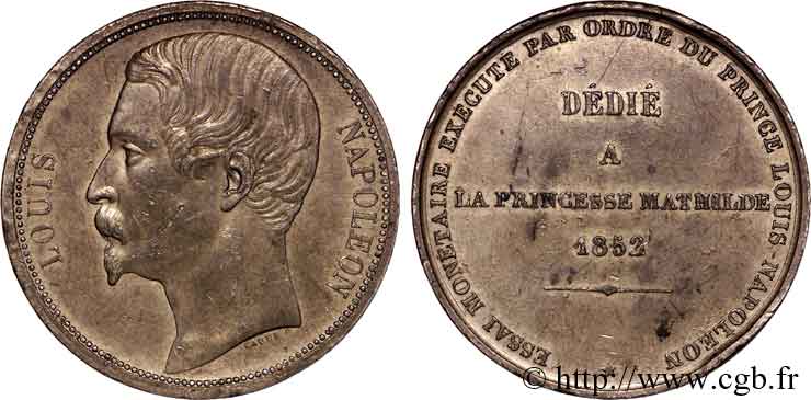 Essai monétaire au module de 5 francs, Louis-Napoléon Bonaparte, par Caqué 1852 Paris VG.3303 var. BB 
