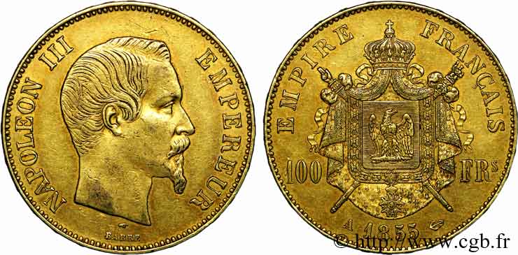 100 francs or Napoléon III tête nue 1855 Paris F.550/1 SS 
