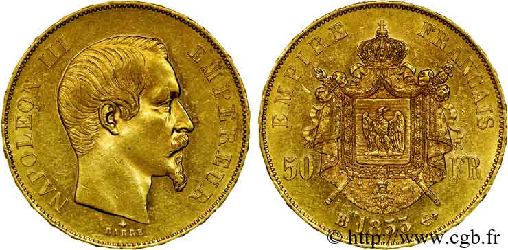 50 francs or Napoléon III, tête nue 1855 Strasbourg F.547/2 AU 