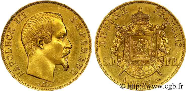 50 francs or Napoléon III, tête nue 1857 Paris F.547/4 MBC 