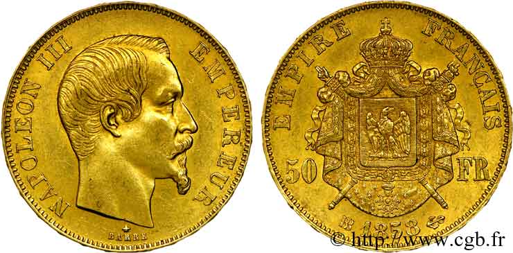 50 francs or Napoléon III, tête nue 1858 Strasbourg F.547/6 MBC 