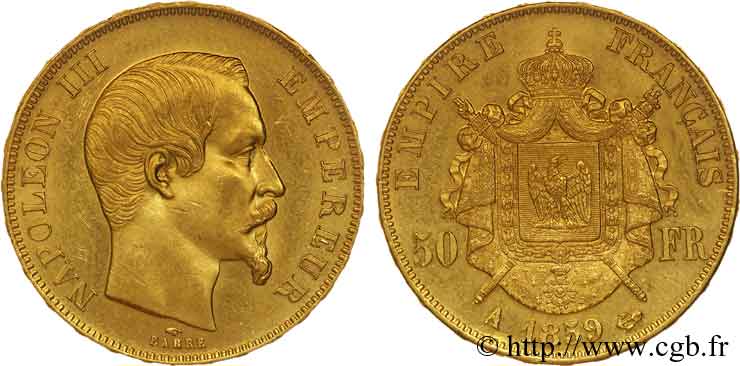 50 francs or Napoléon III, tête nue 1859 Paris F.547/7 SPL 
