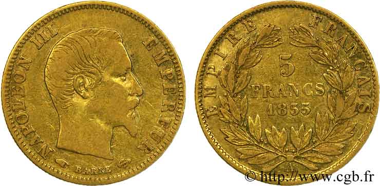 5 francs or Napoléon III tête nue, grand module 1855 Paris F.501/1 TB 