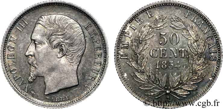 50 centimes Napoléon III, tête nue 1854 Paris F.187/2 VZ 