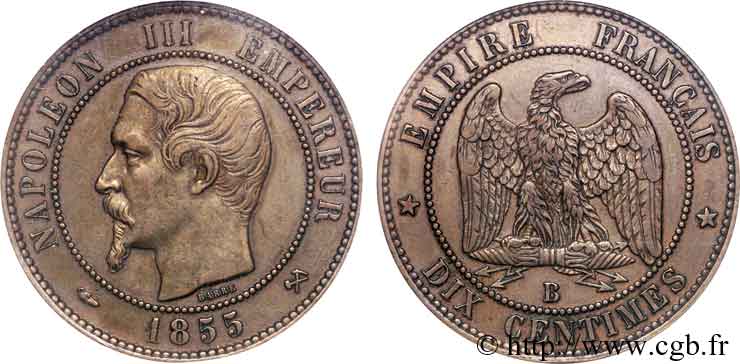 10 Centimes Napoléon III, tête nue 1855 Rouen F.133/21 XF 