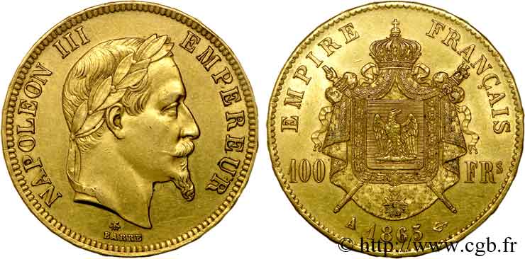 100 francs or Napoléon III, tête laurée 1865 Paris F.551/5 MBC 